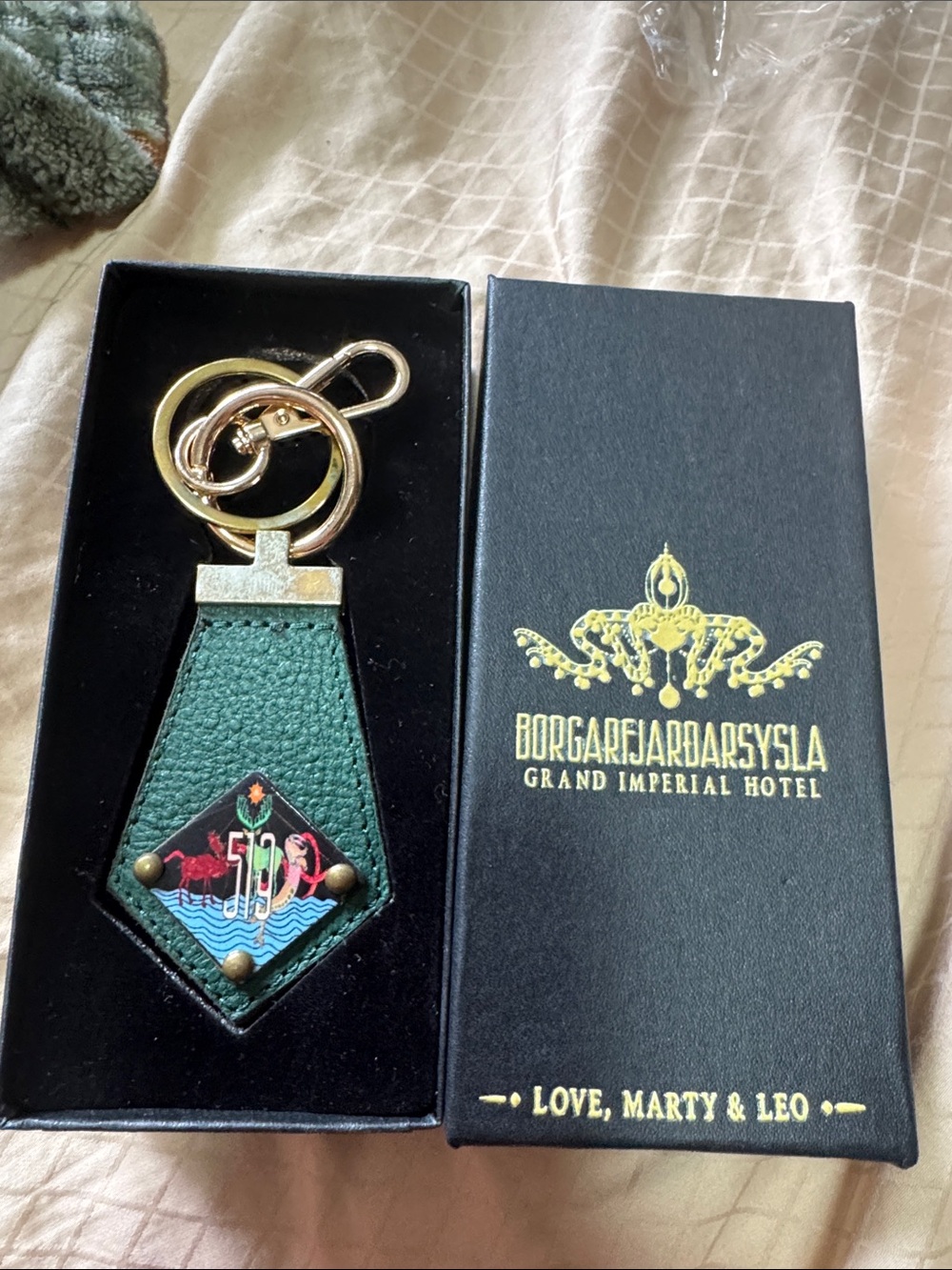 BORGARFJARDARSYSLA made Green Leather Keychain with Gold Ring